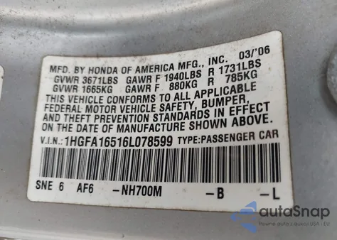 2006 Honda Civic Lx из США, поврежденный, VIN 1HGFA16516L078599